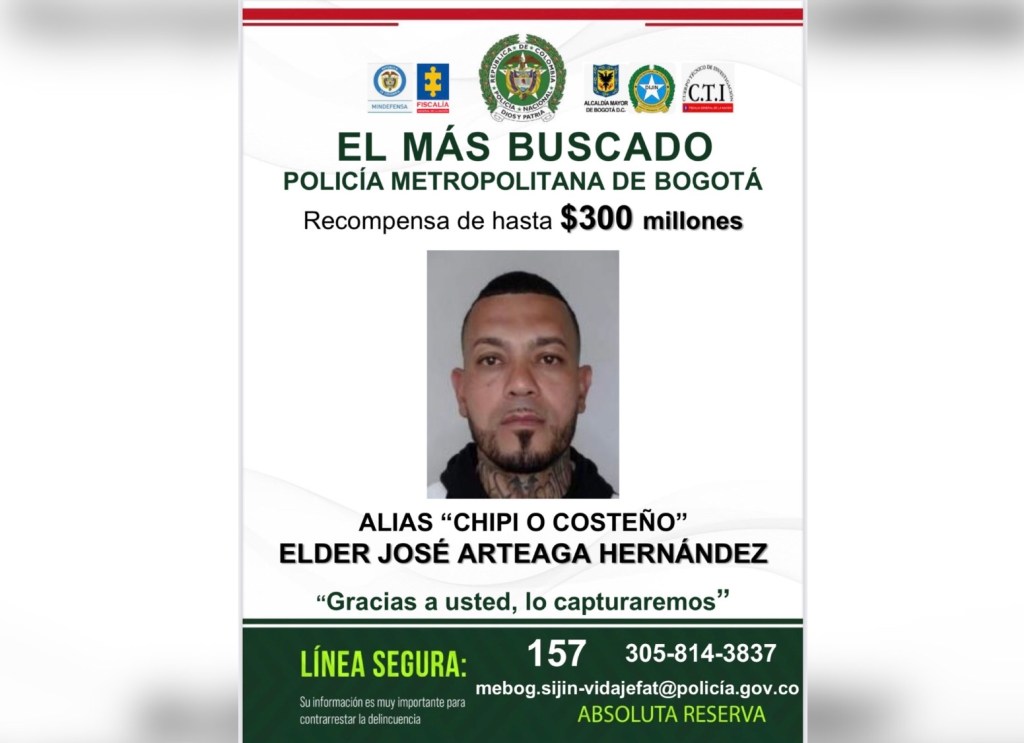 Ofrecen recompensa de 300 millones de pesos por alias “Chipi” o “El Costeño” por atentado a Miguel Uribe, publican cartel de&nbsp;búsqueda