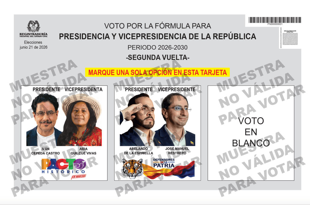Atención: Así es el tarjetón electoral para la segunda vuelta presidencial del 21 de&nbsp;junio